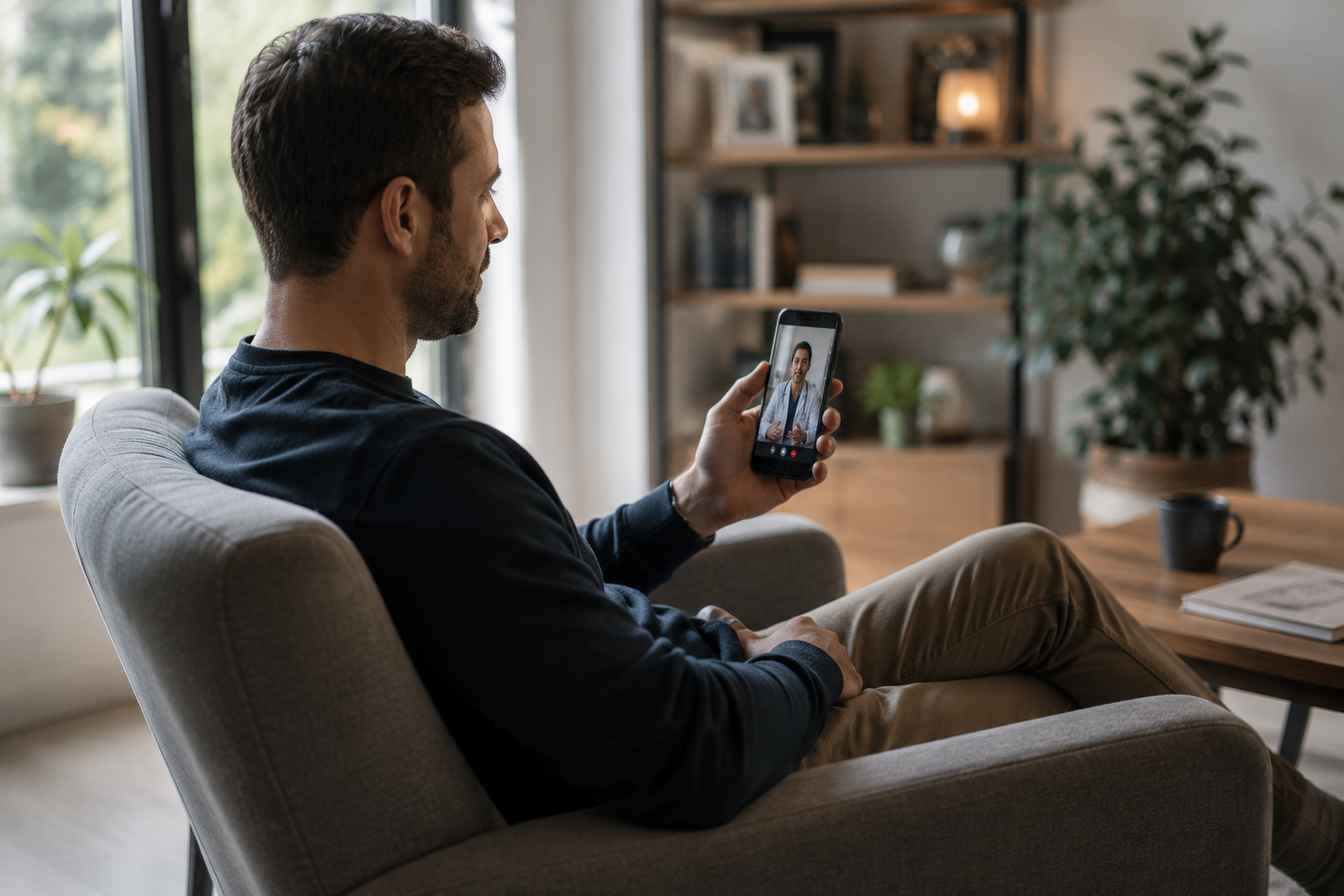 Personne en consultation virtuelle avec un professionnel de la santé sur son téléphone